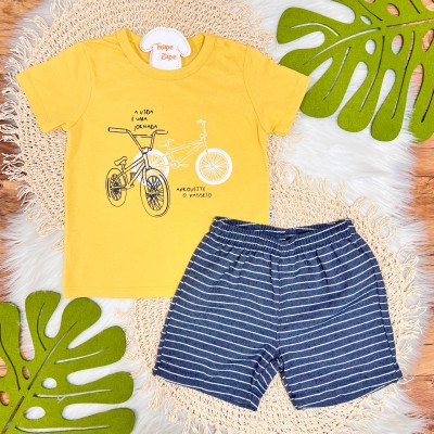 Conj. Camiseta A vida é uma jornada e Bermuda - Mostarda e Marinho